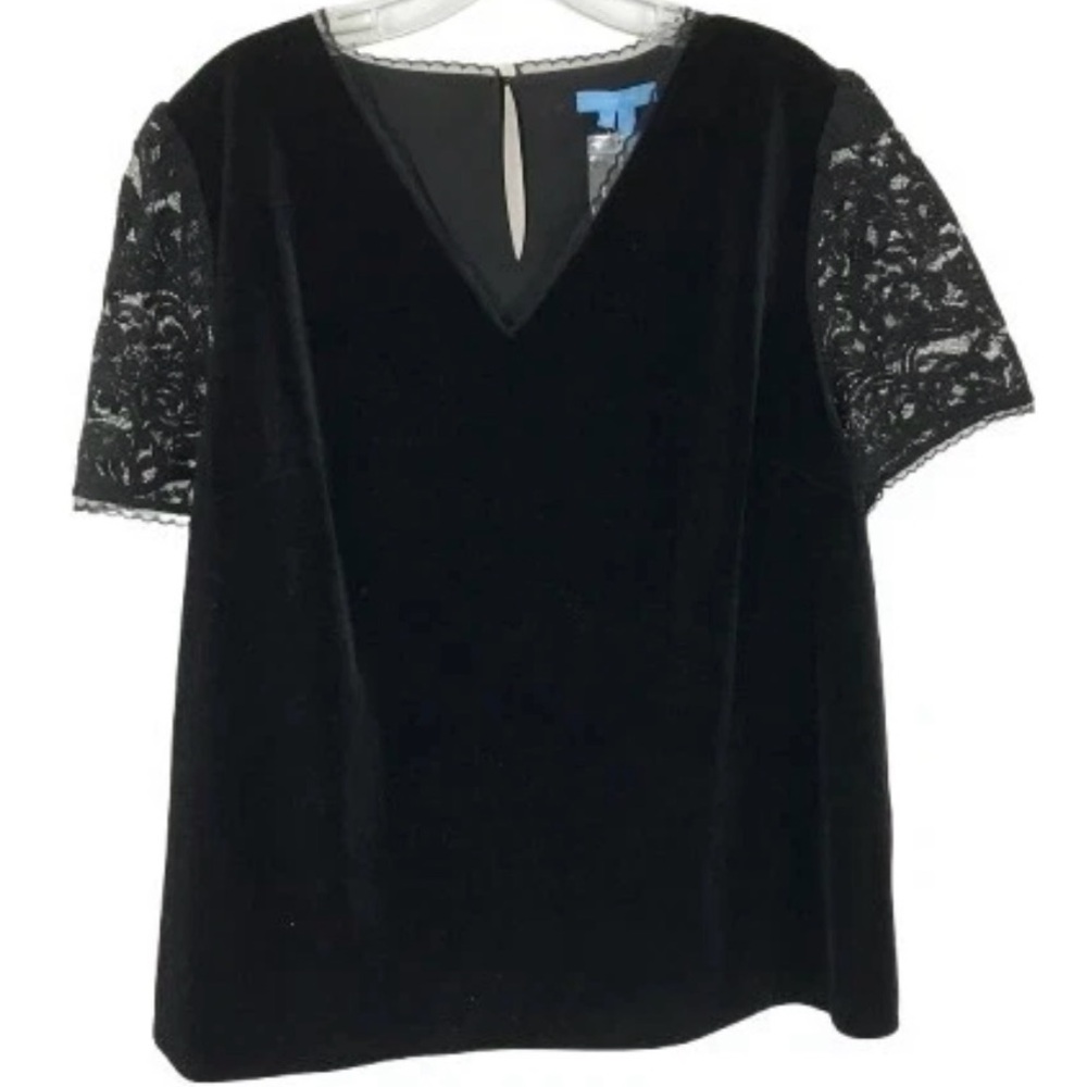 Draper James | Women’s  Black Velour & Floral Lace Sleeve Blouse Size 2X